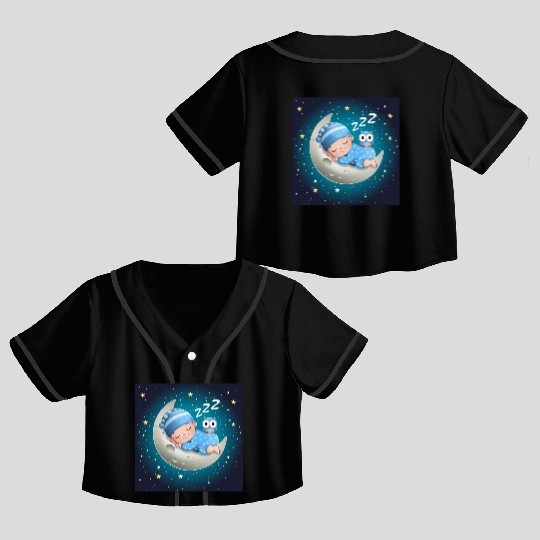 Sleeping baby on the moon with owl. Crop Top Baseball Jerseys