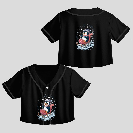 Cute Penguin Sledding Adventure Crop Top Baseball Jerseys