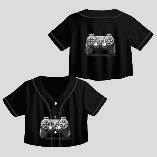 Gamer Controller Cartoon Charcoal Gaming Art 3 Crop Top Baseball Jerseys