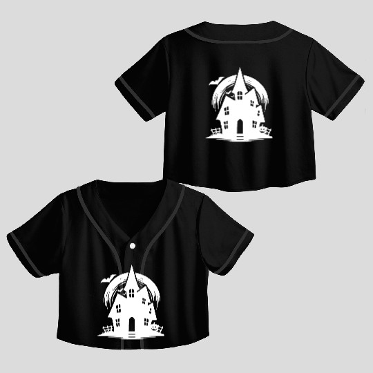Bat Full Moon Haunted House Halloween Tattoo Crop Top Baseball Jerseys
