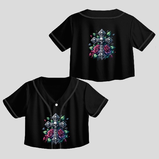 Gothic Collection - Cross, Skulls & Red Roses Crop Top Baseball Jerseys