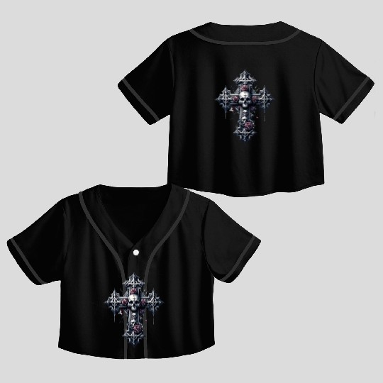 Gothic Cross Collection - Skulls and Red Roses Crop Top Baseball Jerseys