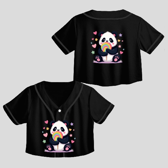 Chubby Panda with Rainbow Lollipop Crop Top Baseball Jerseys