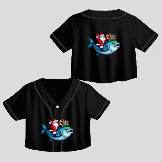 Santa on Bass Merry Fishmas Fishing Christmas Crop Top Baseball Jerseys