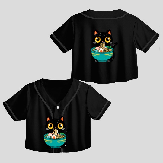 Funny Cat Eating Ramen Japanese Cat Ramen Noodles Crop Top Baseball Jerseys