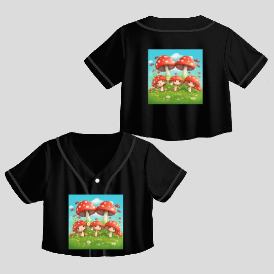 Mushrooms in Grass - Enchanting Nature-Inspired Crop Top Baseball Jerseys