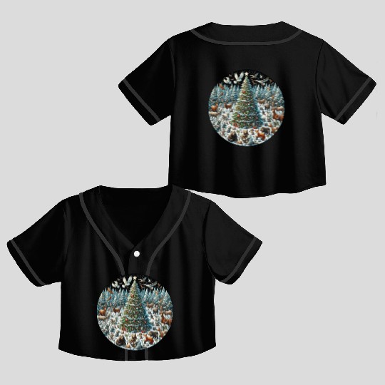 Snow-Dusted Christmas Tree with Woodland Animals Crop Top Baseball Jerseys