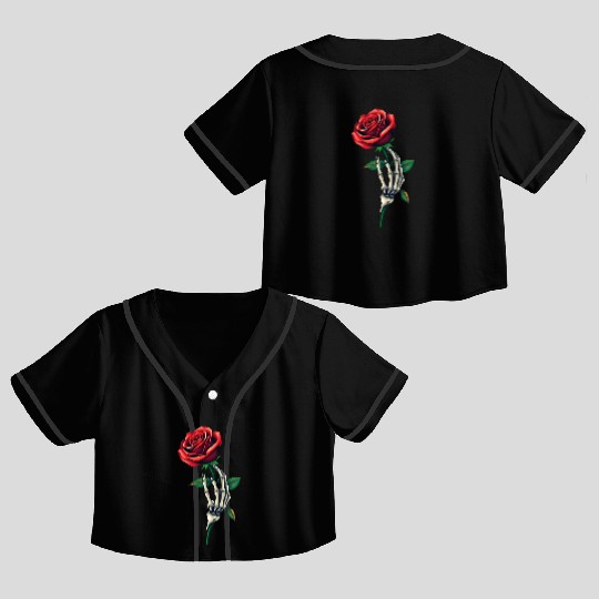 Skeleton Hand Holding a Rose: Beauty in the Dark Crop Top Baseball Jerseys