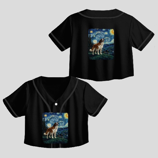 Saint Bernard Howling At Moon Starry Night Van Gog Crop Top Baseball Jerseys