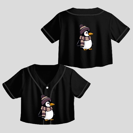 Cute cartoon penguin wearing winter hat and scarf Crop Top Baseball Jerseys