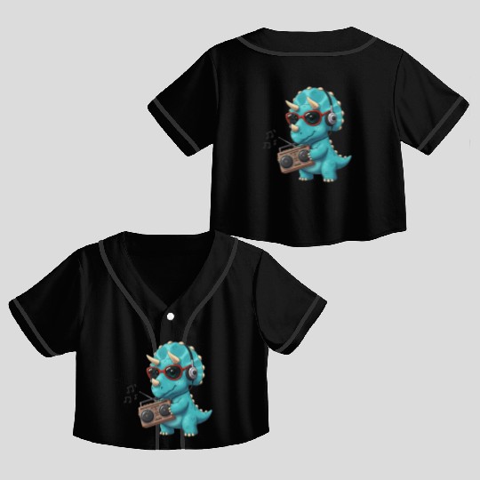 Dino cartoon triceratops listening to music Crop Top Baseball Jerseys