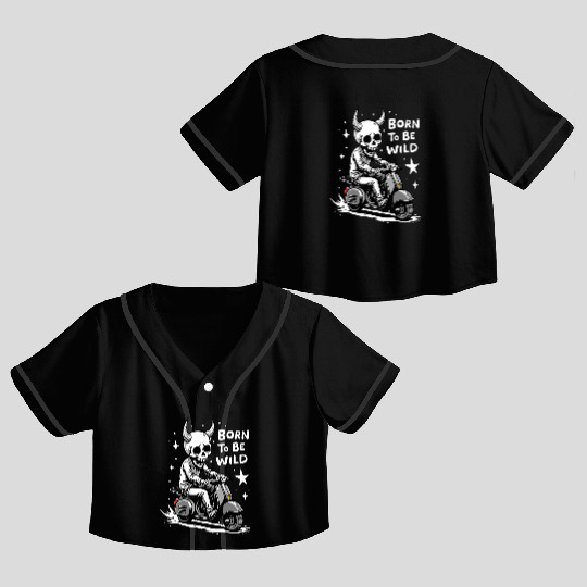 Born to Be Wild - Skull Devil on Scooter Crop Top Baseball Jerseys