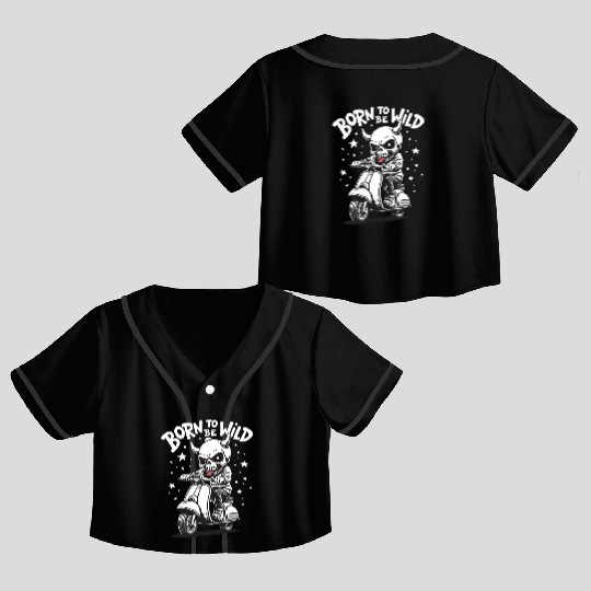 Born to Be Wild - Skull Devil on Scooter Crop Top Baseball Jerseys