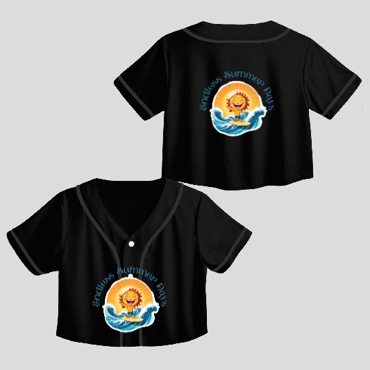 Cartoon Sun Surfing – Endless Summer Days. Crop Top Baseball Jerseys