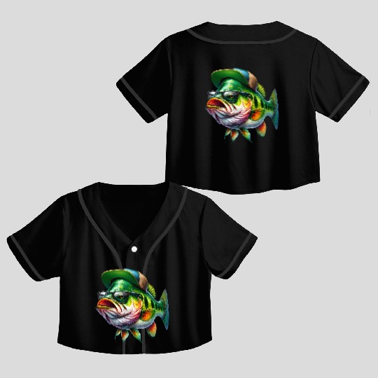 Cool Bass Fish with Green Hat and Glasses Crop Top Baseball Jerseys