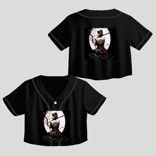Samurai Serenity: Woman with Sword Under Cherry Crop Top Baseball Jerseys