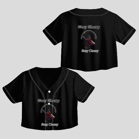 Elegant Cat Warrior with Sword Illustration Crop Top Baseball Jerseys