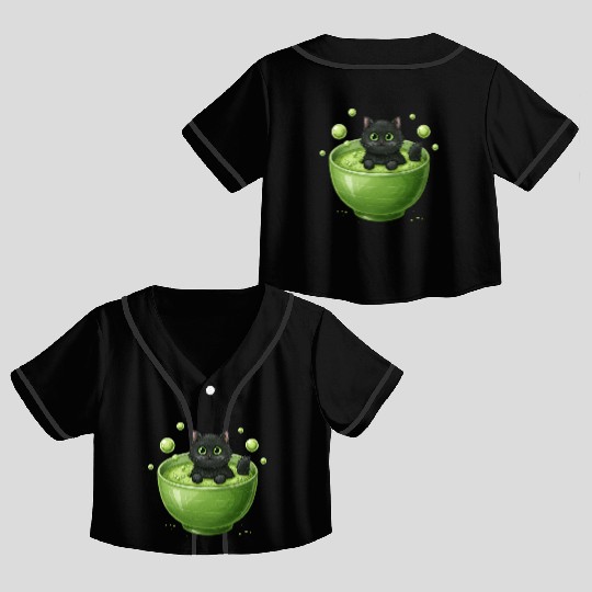 Black Cat in Green Tea Bubble Bath Crop Top Baseball Jerseys