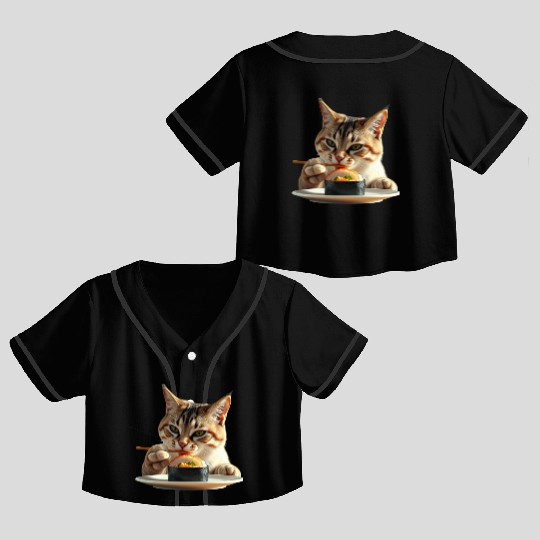 Whimsical Sushi Cat Illustration Crop Top Baseball Jerseys