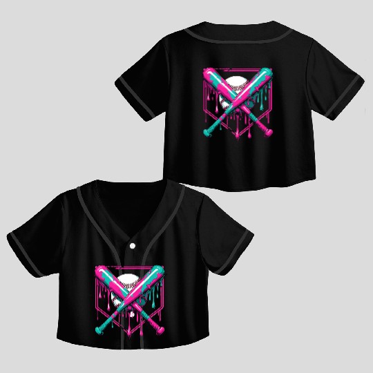 Neon Baseball Bat and Ball Art Crop Top Baseball Jerseys