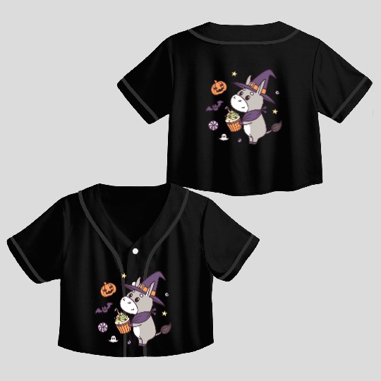 Whimsical Halloween Witch Pony Design Crop Top Baseball Jerseys