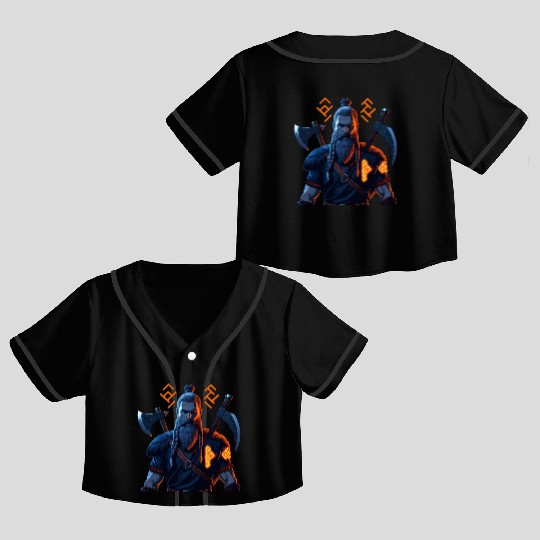 Viking Warrior with Axes and Fur Crop Top Baseball Jerseys