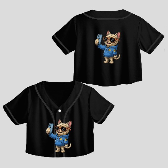 Cool Cartoon Cat Mummy Taking a Selfie Crop Top Baseball Jerseys