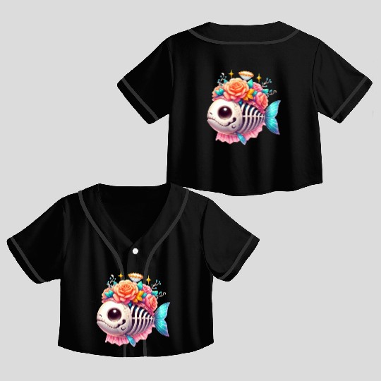 Whimsical Skull Fish with Floral Crown Crop Top Baseball Jerseys
