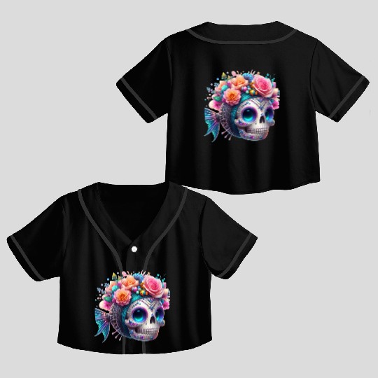 Colorful Sugar Skull with Floral Crown Crop Top Baseball Jerseys