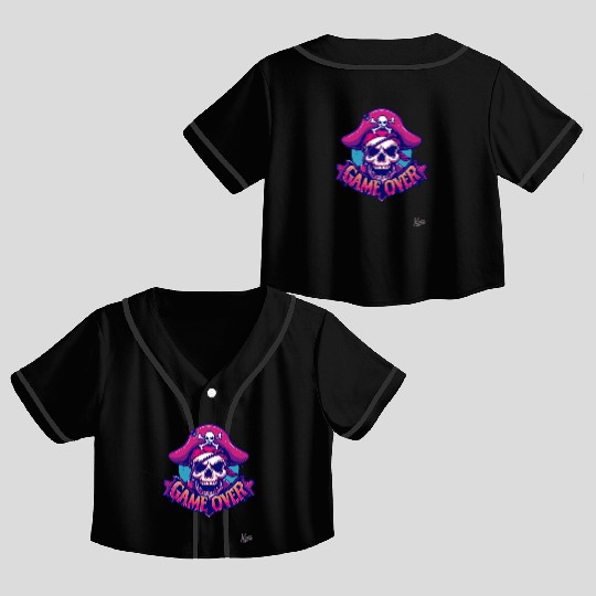 Pirate Skull with Eye Patch and Game Over Banner Crop Top Baseball Jerseys