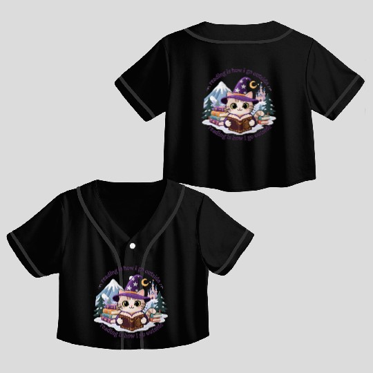 Whimsical Cat Wizard Reading Magic Book Crop Top Baseball Jerseys