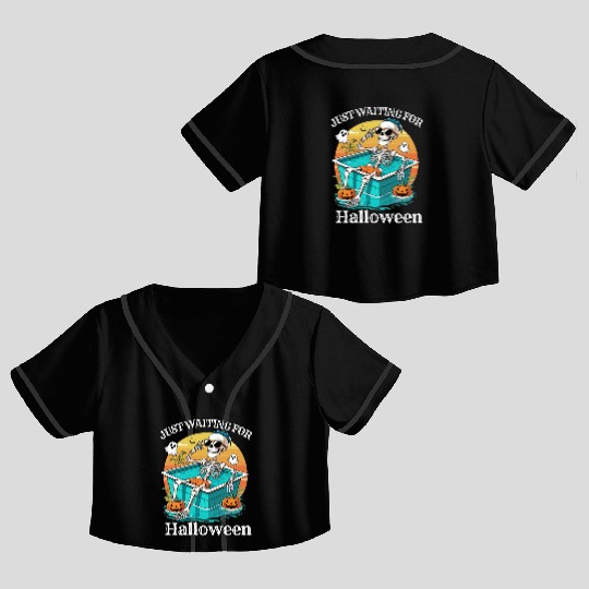Skeleton Relaxing in Pool Halloween Design Crop Top Baseball Jerseys