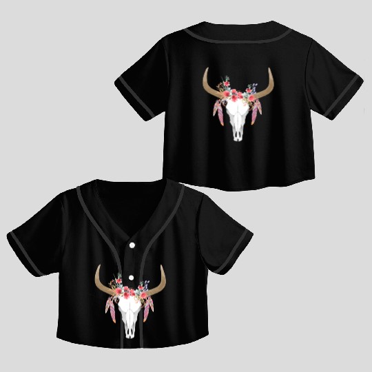 Floral Cow Skull With Feathers Bull Skull Crop Top Baseball Jerseys