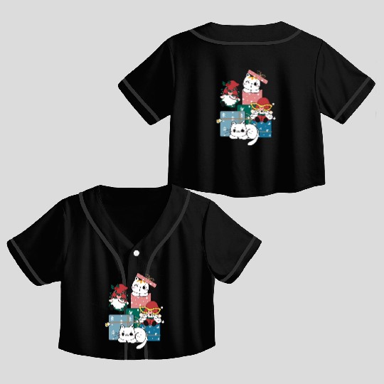 cute gnome and kitty cats on present gift box Crop Top Baseball Jerseys
