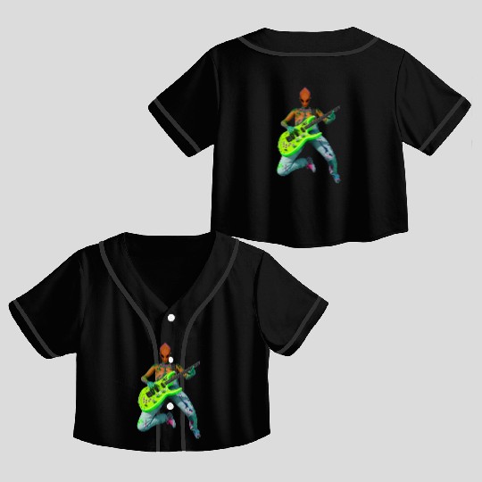 A massive alien jamming on an electric guitar. Crop Top Baseball Jerseys