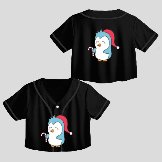 Cute Penguin with Christmas Hat and Candy Cane Crop Top Baseball Jerseys