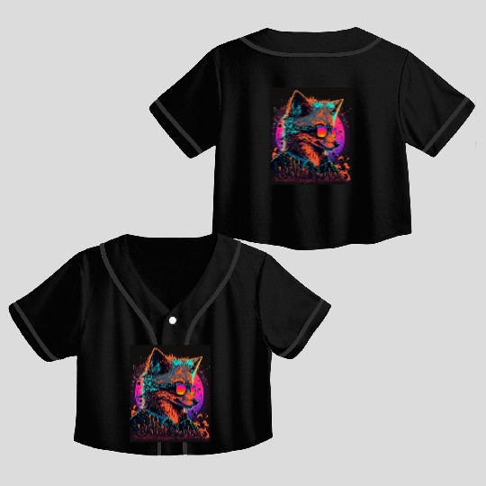 Retro Futuristic Synthwave Fox Crop Top Baseball Jerseys