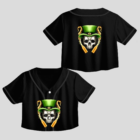 Skull With Leprechauns Hat And Beer Party St Crop Top Baseball Jerseys