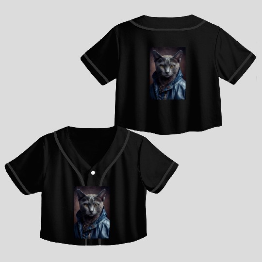 Russian Blue Cat Breed Portrait wears a leather j Crop Top Baseball Jerseys