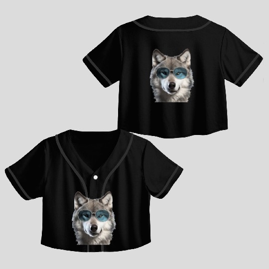 Grey Wolf Wearing Blue Sunglasses Wildlife Animal Crop Top Baseball Jerseys