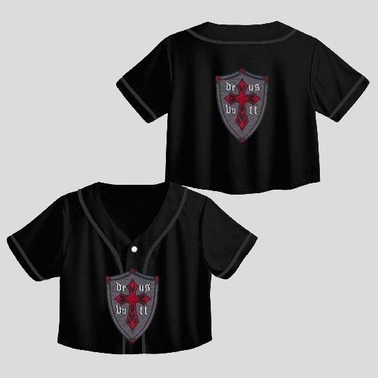 Deus Vult Cross on Shield Crop Top Baseball Jerseys