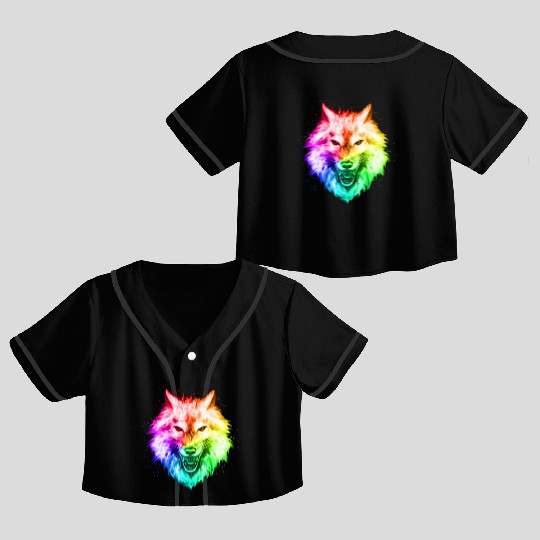 Bright Colorful Wolf Head – Rainbow Howling Wolf F Crop Top Baseball Jerseys
