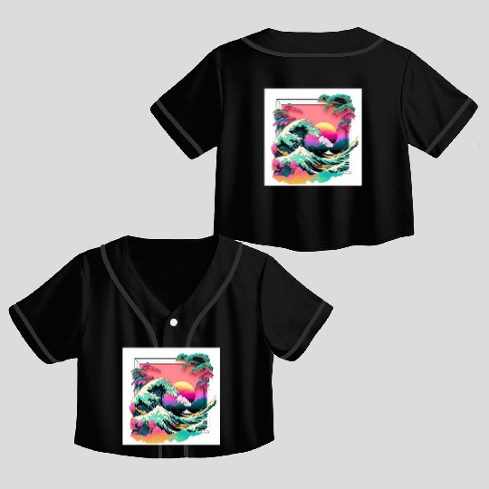 Vaperwave Aesthetic Glitch Great Wave Retrowave Crop Top Baseball Jerseys