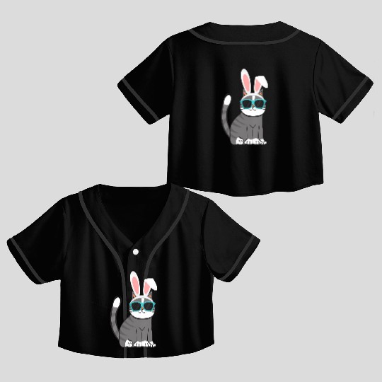 Happy Easter Cat With Bunny Ears And Glasses Crop Top Baseball Jerseys