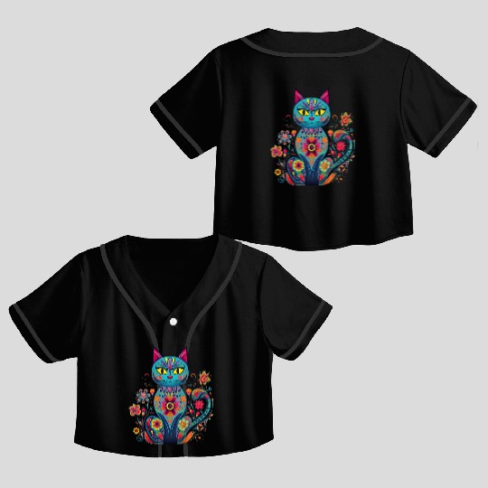 Folk Art Cat Floral Crop Top Baseball Jerseys