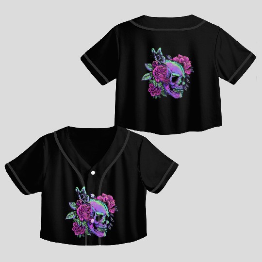 Skeleton Crop Top Baseball Jerseys, Neon Skull Roses Gothic Skeleton