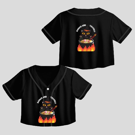 Halloween Black Cat, Ramen and Trouble Crop Top Baseball Jerseys
