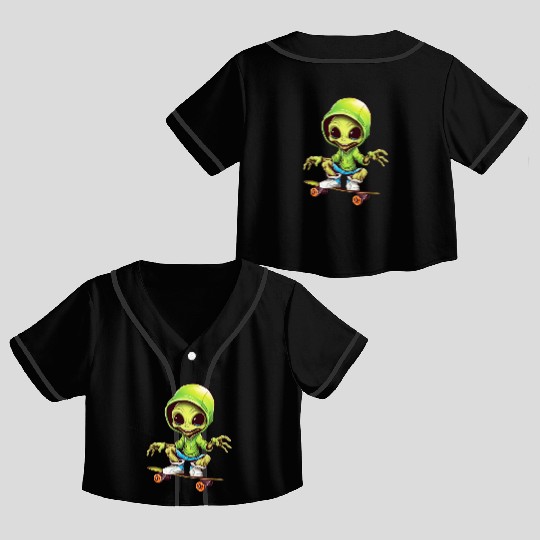 Extraterrestrial on a Space Skateboard Crop Top Baseball Jerseys