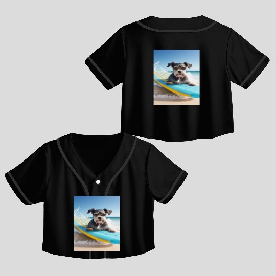 Schnauzer Surfing at Beach On A Surfboard Crop Top Baseball Jerseys