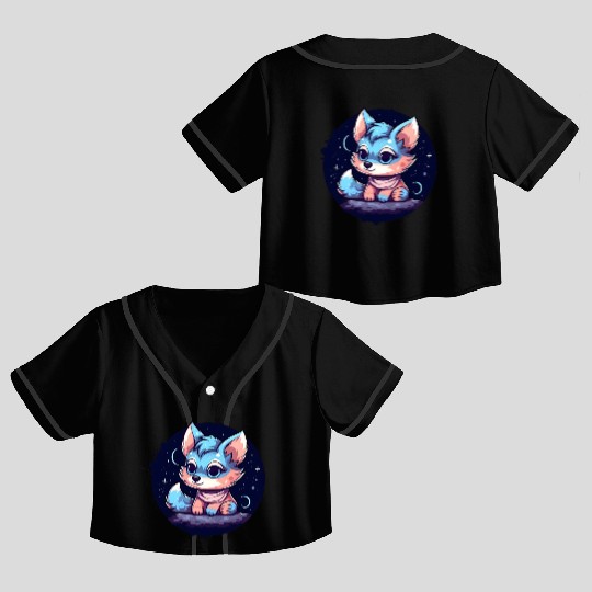 Digital Art Fox Sitting on Rock Crescent Moon Crop Top Baseball Jerseys